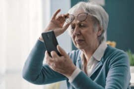 elderly woman holding her phone and struggling to read the screen